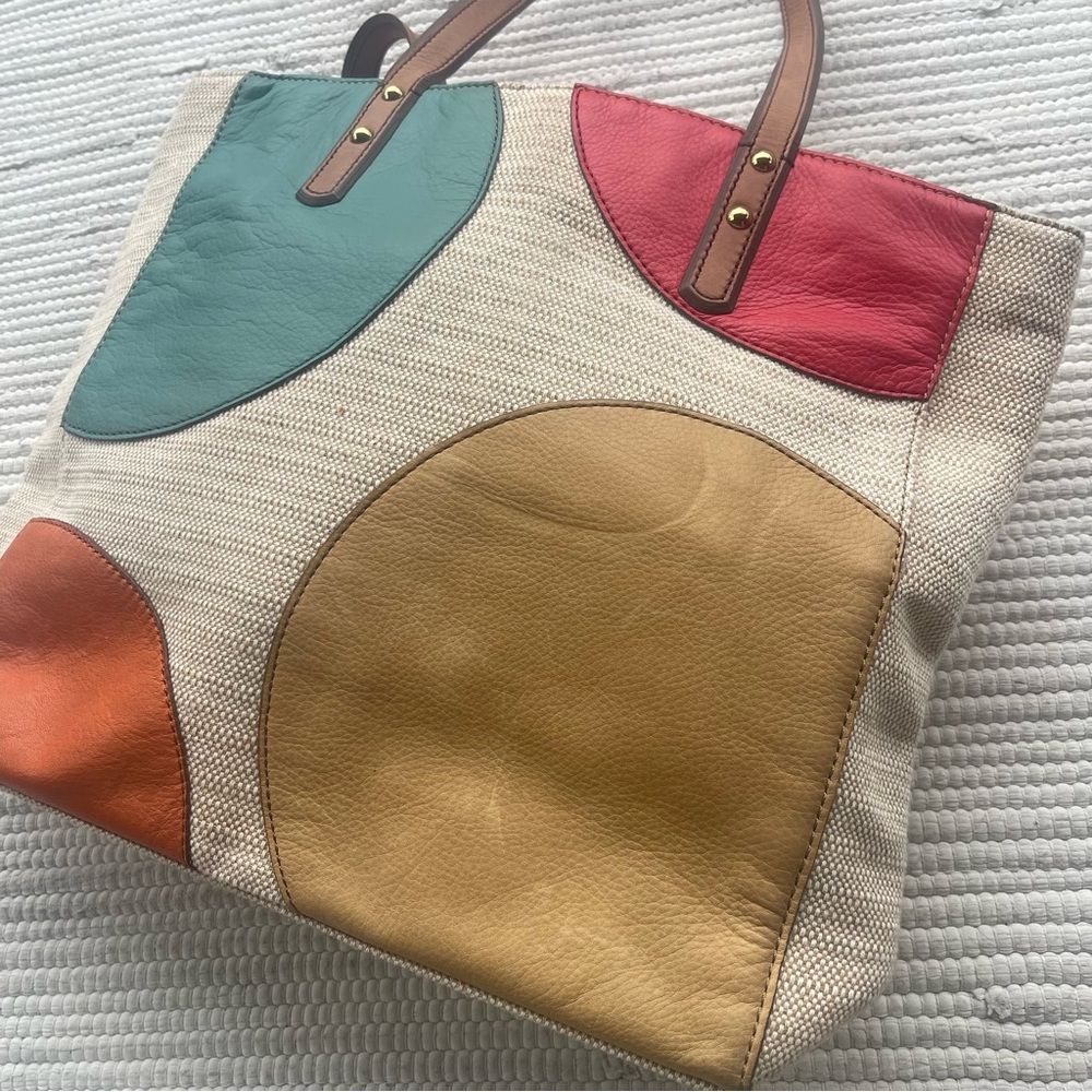 Fossil Canvas Tote Leather Details 14x14 Excellent Pre-Owned - Picture 14 of 16